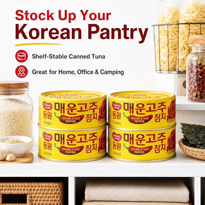 Double Hot Pepper Tuna, Korean Spicy Canned Tuna with Chili Pepper Sauce, High Protein Seafood, 4.76 oz (135g) Cans, 4 Pack (Dongwon)
