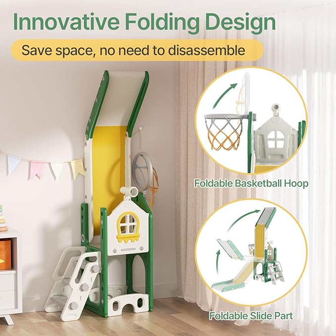 BIERUM 6 in 1 Toddler Slide - L-Shaped Baby Slide for Toddlers Aged 1-3 with Basketball Hoop, Telescope Toy and Anti-Slip Pads, Indoor Outdoor Toddler Playset, Green Yellow