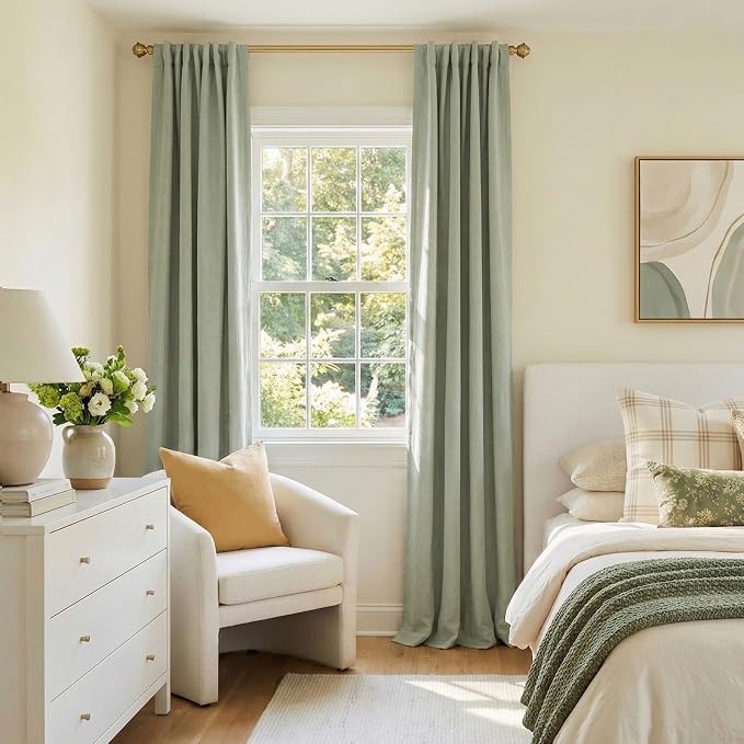 100% Blackout Shield Linen Blackout Curtains for Bedroom 90 Inches Long, Back Tab/Rod Pocket Living Room Drapes, Thermal Insulated Blackout Curtains 2 Panels Set, 50" W x 90" L,Sage Green