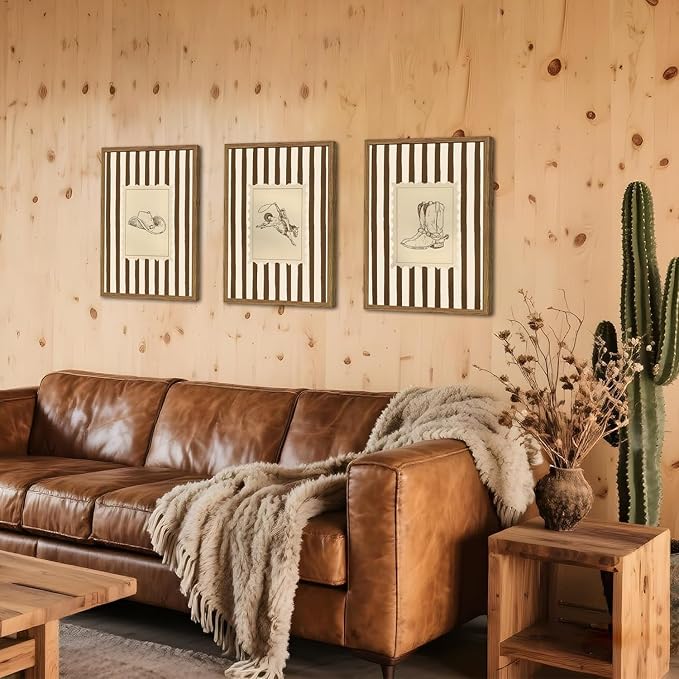 Western Cowboy Wall Art Set of 3, Vintage Cowboy Boots Hat Wall Decor Painting Southwestern Rodeo Canvas Prints Picture for Living Room Bedroom Farmhouse 12x16 Inch Wood Framed