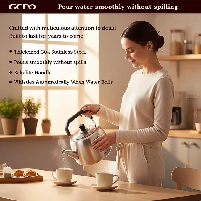 GEDO Stainless Steel Whistling Tea Kettle, 304 Food Grade, Large Capacity, Stovetop Kettle for Gas Stove and Induction Cooktop (6L/6.34QT)
