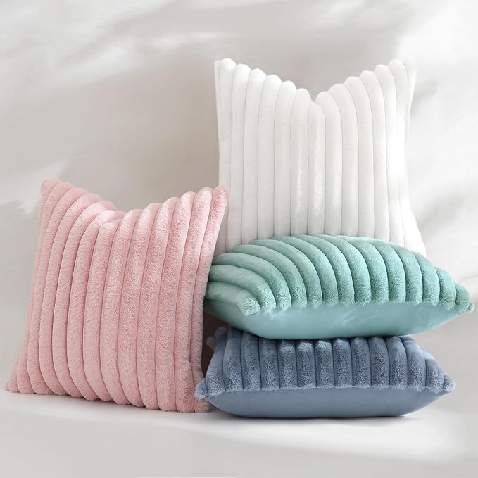 decorUhome Fall Faux Fur Throw Pillow Covers 18x18 Set of 2 Pink | Decorative Soft Cozy Striped Plush Modern Farmhouse Boho Couch Pillow Cases Velvet Back for Sofa Bed Living Room Home Decor