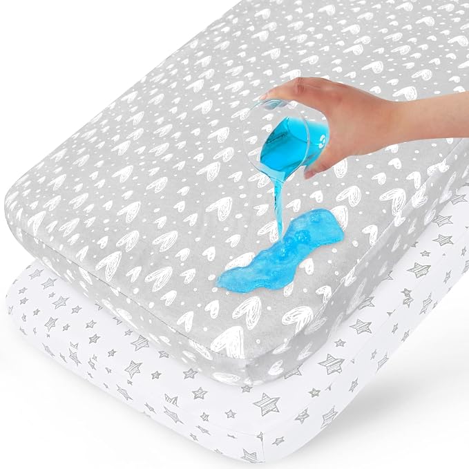 Waterproof Crib Sheets 2 Pack, 100% Cotton Crib Mattress Protector, Fitted Crib Sheet, Ultra Soft & Breathable Toddler Bed Cover for Boys and Girls, White & Grey Star Print