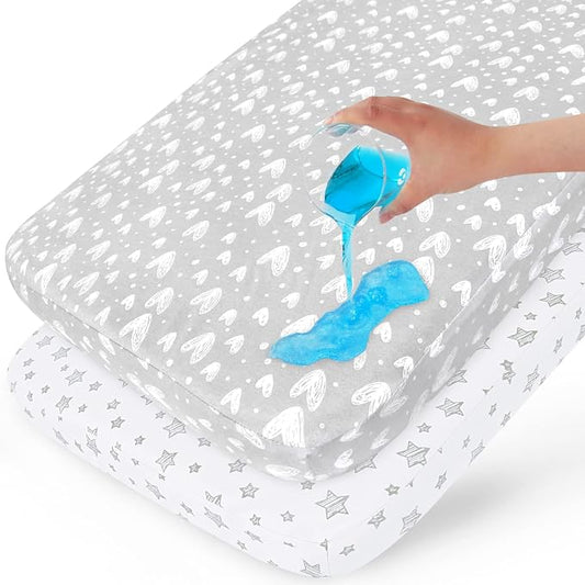 Waterproof Bassinet Sheets Fit for Miclassic, Baby Delight, TCBunny, Milliard, Dream On Me Traveler/Skylar and Other Bedside Sleeper Bassinet Mattress, 100% Organic Cotton, White Grey Print for Baby