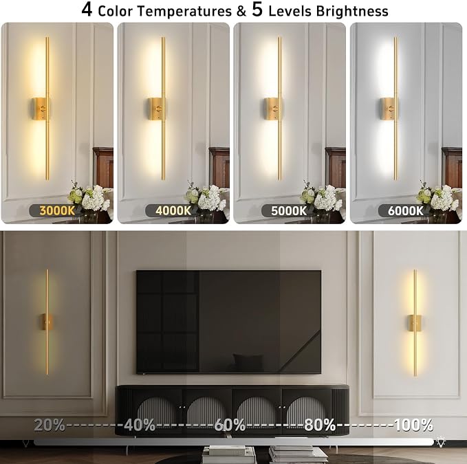 Battery Operated Wall Sconces Set of 2, 10000mAh, Gold | remote control and 360° rotation, for picture display TV wall mirror bedroom or living room home decor