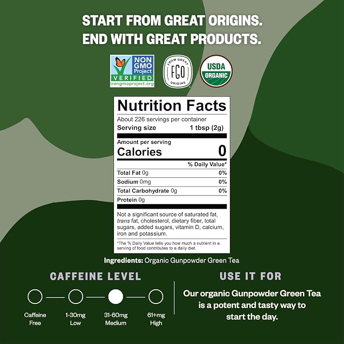 FGO Organic Gunpowder Green Tea, Loose Leaf, 453g Bulk Resealable Bag, Packaging May Vary (Pack of 1)