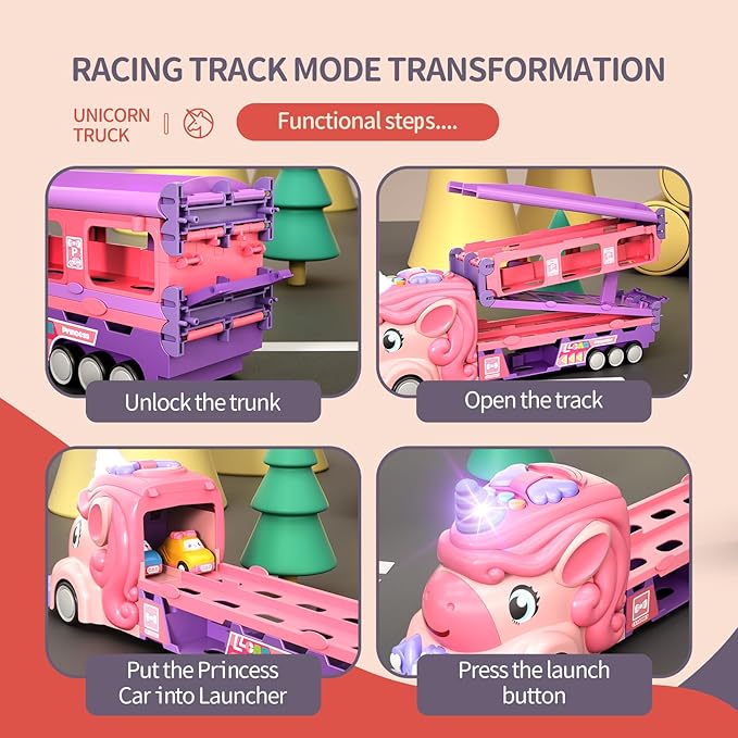 Car Toys for 3 4 5 6 7 Year Old Toddler Girl, Unicorn Toys Truck & Foldable Race Track W/Light & Sound, Friction Power Toy Cars W/ 9 Princess Cars, Birthday Gift for Kids Girls Age 4-6
