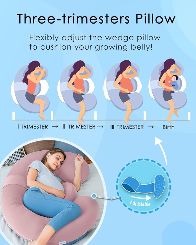QUEEN ROSE Cooling Pregnancy Pillows, E Shaped Maternity Pillow for Sleeping, with Extra Wedge Pillow for Belly Support, 60 Inch Full Body Pillow, Pink