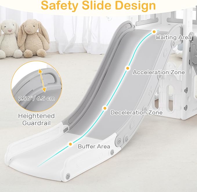 OLAKIDS Toddler Slide, 6 in 1 Kids Indoor Outdoor Playground with Climber Basketball Hoop Telescope Toy Storage for Boys Girls Aged 1+ (Grey, 27'')