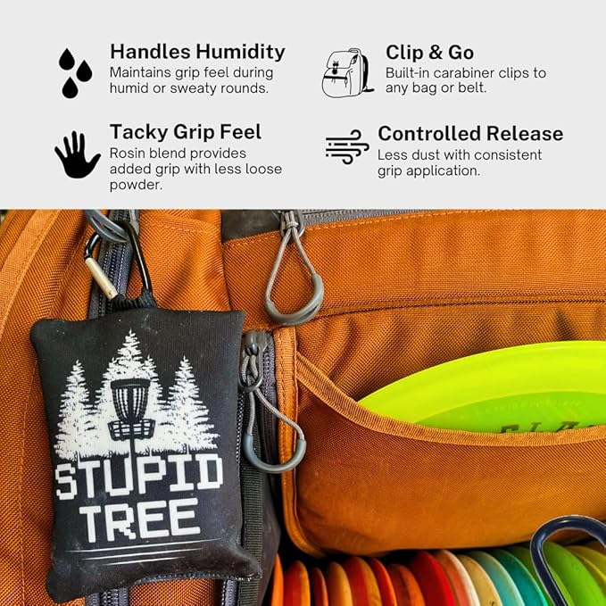 Disc Golf Grip Bag with Carabiner, Frisbee Disc Golf Grip Enhancer for All Skill Levels, Pre-Filled Chalk or Rosin Options – Black – Stupid Tree Design