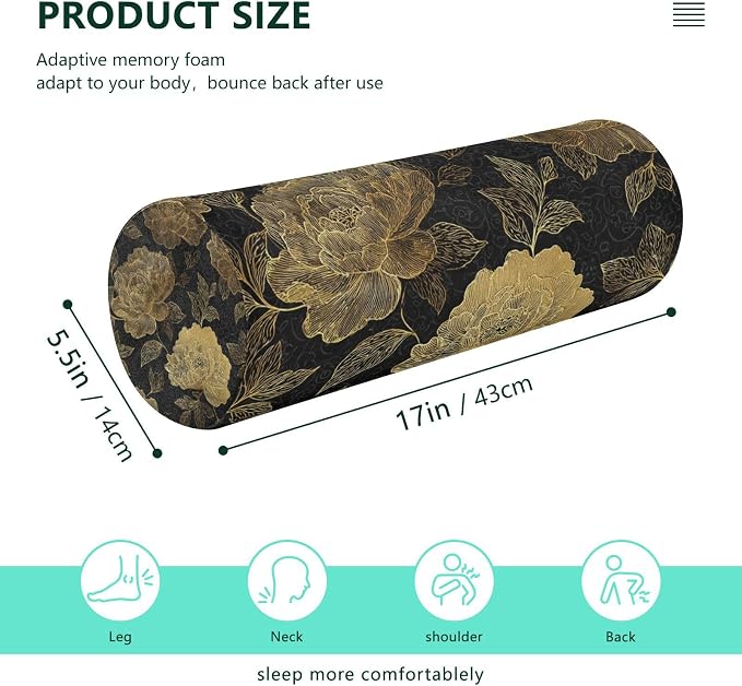 Gold Peony Neck Roll Pillow Bolster Round Health Memory Foam Long Cervical Cylinder Pillows with Removable Washable Cover for Body Bed Legs Back Yoga