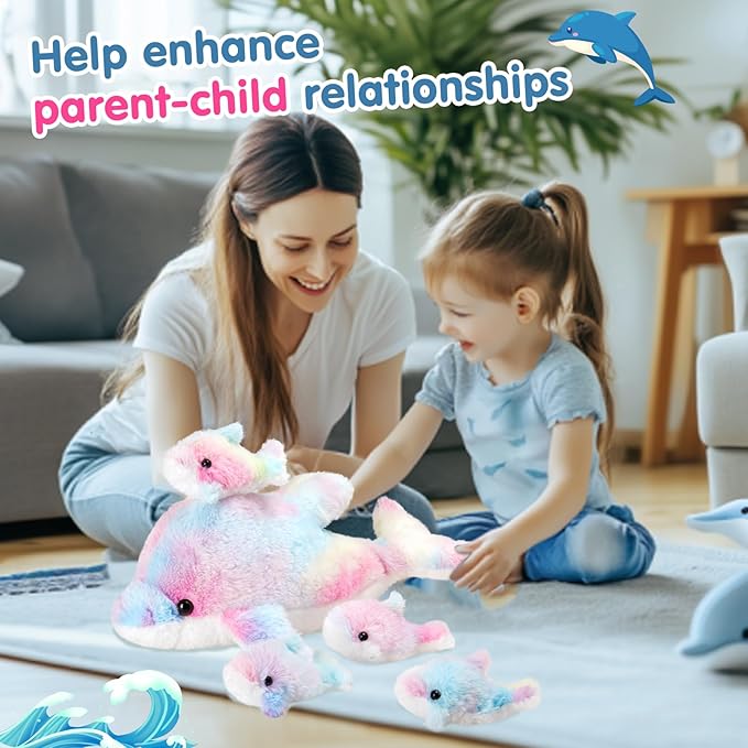 WEWILL 17-Inch Rainbow Dolphin Plush Toy with 4 Baby | Soft & Cuddly Stuffed Family Set | Colorful Dolphin Plush Gift for Kids