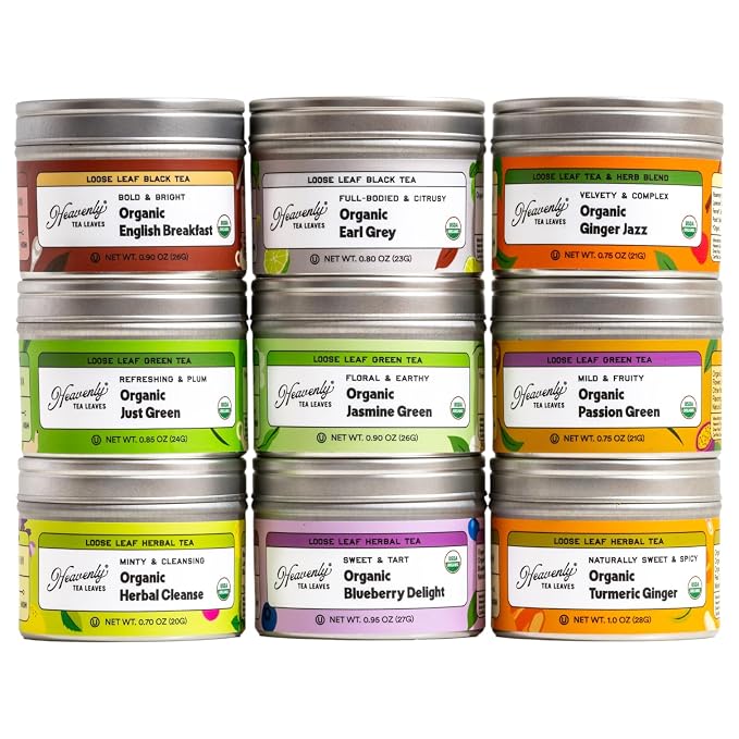 Heavenly Tea Leaves Organic 9 Tea Sampler, Gourmet Loose Leaf Tea Gift Set