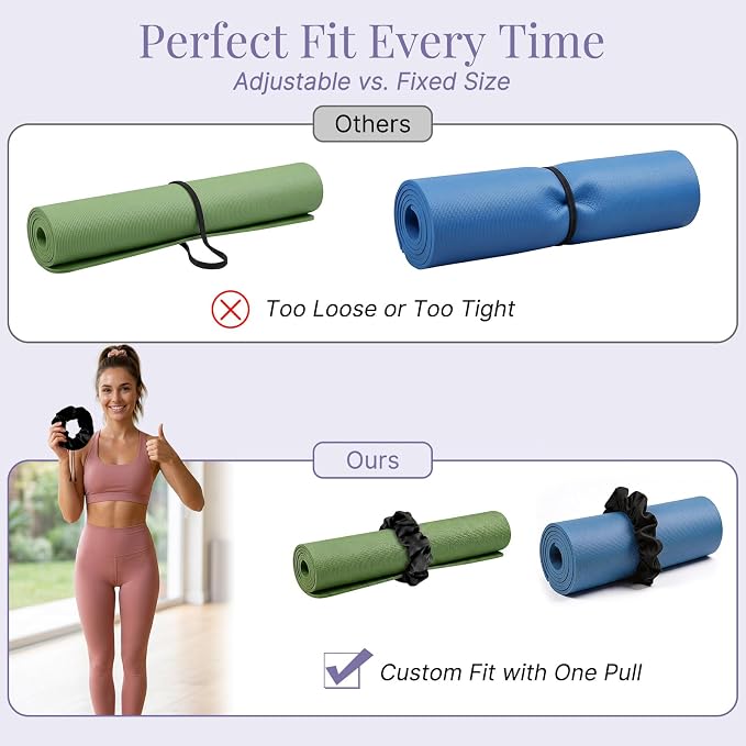 Aolamegs Adjustable Yoga Mat Scrunchie, 2-in-1 Mat Strap and Hair Tie, Fits All Standard & Extra Thick Yoga Mats