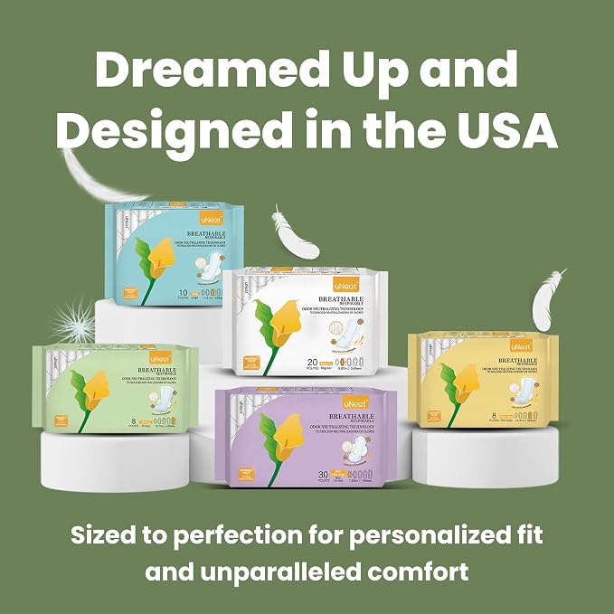 uNeat 2X Long with Wings Ultra Thin Sanitary Pads, Unscented, Eliminates Odor, Heavy Absorbency, Overnight, Individually Sealed (2X Long, 8 Count/Pack,2-Pack)