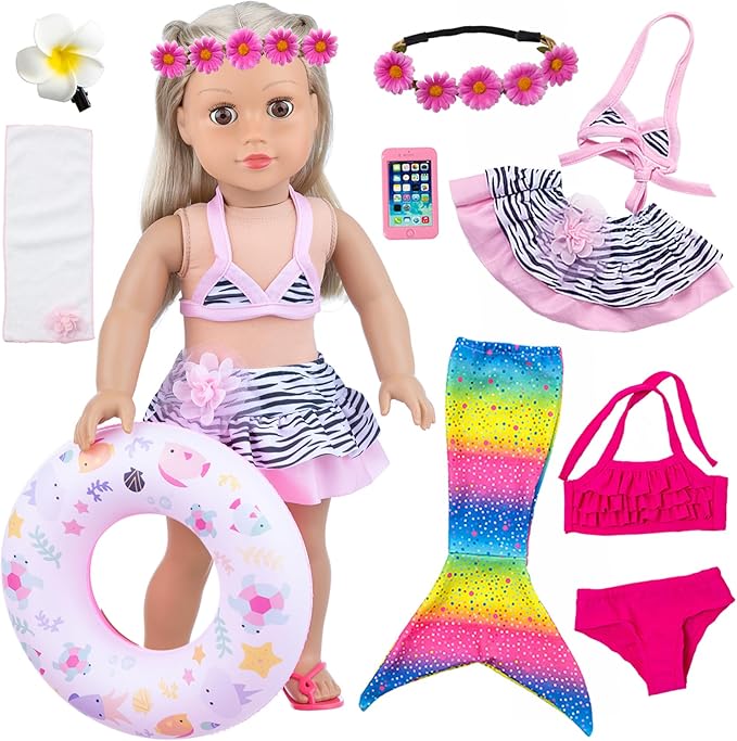 UNICORN ELEMENT 11Pcs 18 Inch Girl Doll Clothes and Accessories Set Including Colorful Mermaid Swimsuits,Mobile Phone,Hairpin,Swimming Circle