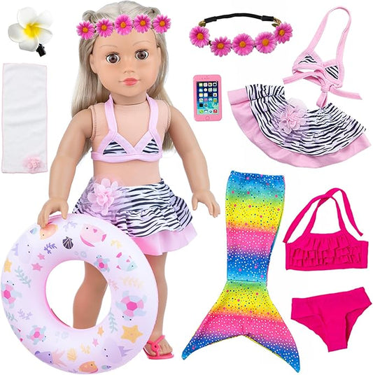 UNICORN ELEMENT 11Pcs 18 Inch Girl Doll Clothes and Accessories Set Including Colorful Mermaid Swimsuits,Mobile Phone,Hairpin,Swimming Circle