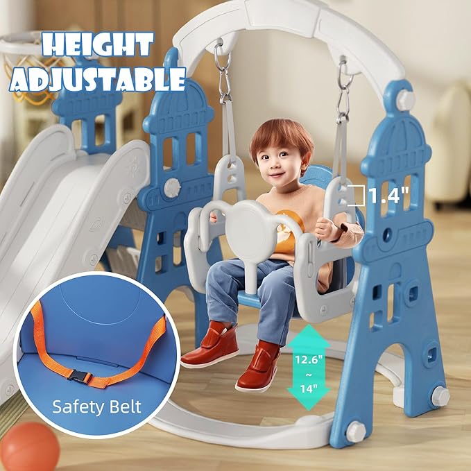 XJD 5-in-1 Toddler Slide and Swing Set, Kids Slide for Toddlers Age 1+, Toddler Outdoor Playset with Basketball Hoop, Swing, Outdoor Indoor Playground for Toddlers 1-3 (Blue)