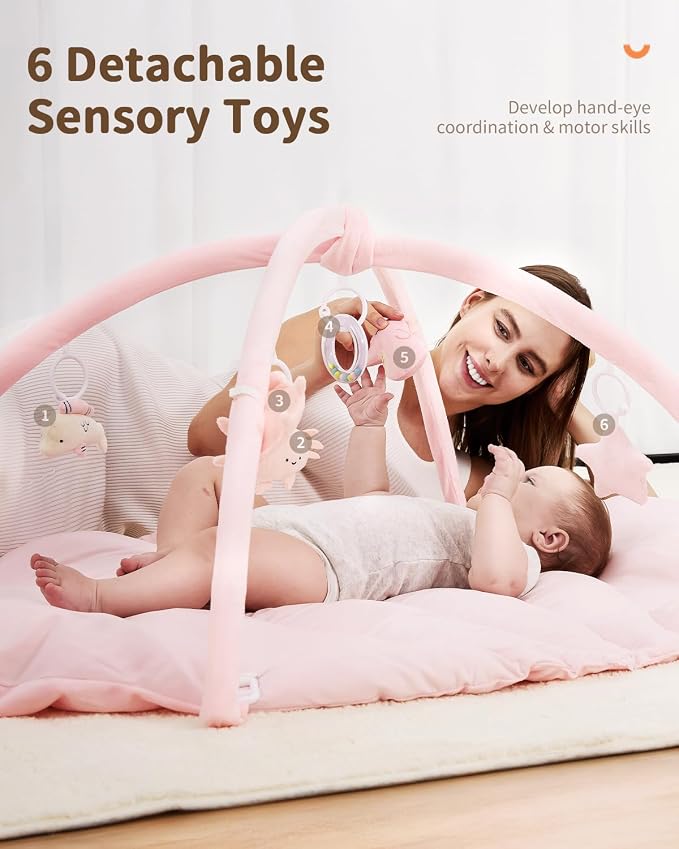 ANGELBLISS Baby Play Gym Mat, Reversible Tummy Time Mat with 6 Sensory Toys for Stage-Based Developmental, Thick & Large Baby Activity Center from Newborn to Toddler (Pink)