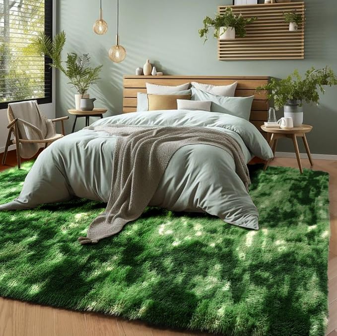 PAGISOFE Area Rugs for Bedroom 4x6, Fluffy Moss Green Rugs for Living Room, Non-Slip Shaggy Carpet for Kids Boys Girls Teen Dorm Nursery Forest Room Decor Aesthetic Modern Abstract Bedside Carpets