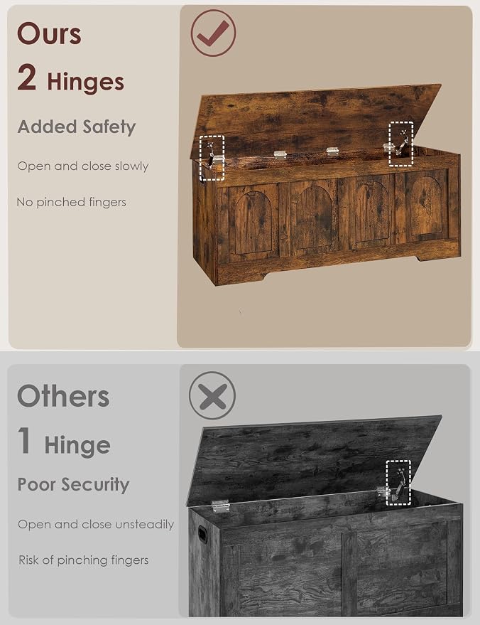 Storage Chest, Wooden Toy Box, Rustic Brown 47.2" L | Entryway Shoe Bench, 2 Soft-close Hinges, Finger-safe Flip-Top Lid, Easy Assembly, Farmhouse Large Trunk, Living Room/Bedroom
