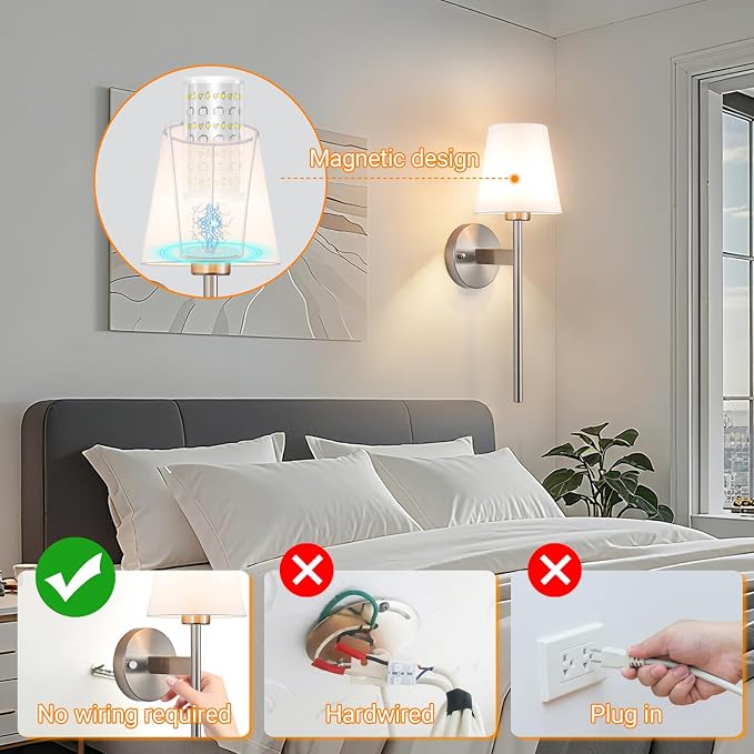 Battery Operated Wall Sconces Set Of 2, Wireless Battery Wall Light With 10000mAh RGB Rechargeable Magnetic Bulb, Rechargeable Wall Sconce With Remote Control For Bedroom, No Electrician Required