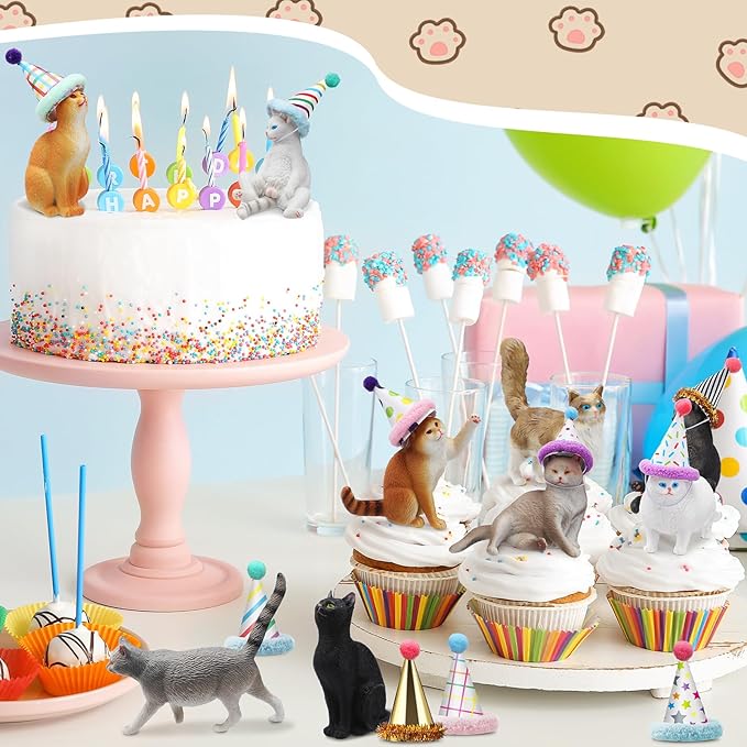 18 Pcs Cat Birthday Party Decorations Mini Birthday Hat Animal Figure Model Cake Toppers with Mini Hat for Birthday Party, Animals Themed Party
