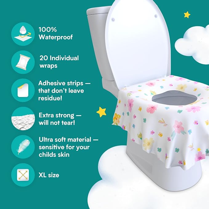 Eli with Love 40 Extra Large Disposable Toilet Seat Cover by Eli with Love – Toddler Toilet Covers for Full Coverage On Toilet or Potty – Ideal Travel Toilet Seat Covers for Kids and Adults (Floral)