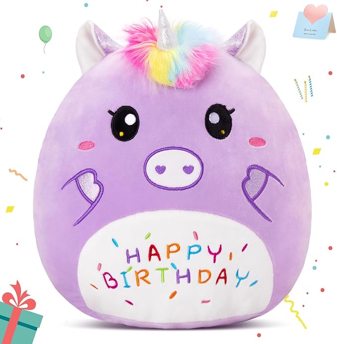 12” Birthday Unicorn Plush Pillow,Cute Unicorn Stuffed Animal,Soft Plushies Pillow,Happy Birthday Plush Toy Gifts for Kids Toddlers Girls Boys Room Decor (Purple)