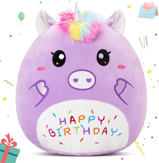 12” Birthday Unicorn Plush Pillow,Cute Unicorn Stuffed Animal,Soft Plushies Pillow,Happy Birthday Plush Toy Gifts for Kids Toddlers Girls Boys Room Decor (Purple)