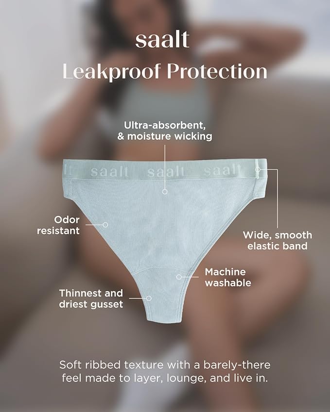saalt Leakproof Cotton Rib High Rise Period Thong – Period Underwear, Light Absorbency, Replaces 1 Liner or 2 Light Tampons