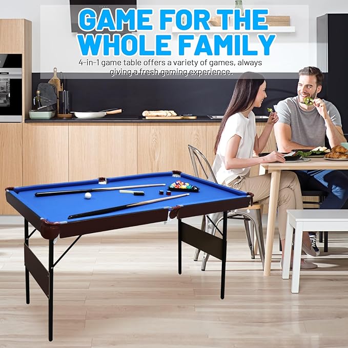54" Folding Pool Table, 4 in 1 Multi Game Table, Folding Portable Billiards Game Table Set with Ping Pong, Hockey, Pool, and Ringtoss, for Indoor, Game Room, Office