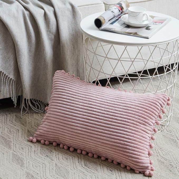 Fancy Homi 2 Pack Blush Pink Lumbar Decorative Throw Pillow Covers 12x24 Inch with Pom-poms for Couch Bedroom Sofa, Farmhouse Boho Home Decor, Soft Corduroy Solid Rectangle Cushion Case 30x60 cm