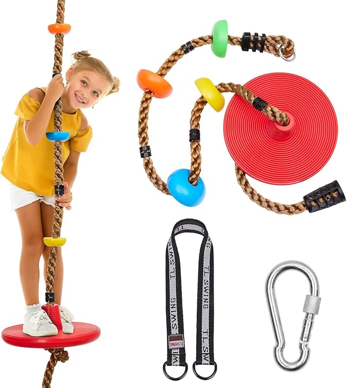 DECORLIFE Tree Swing for Kids 330LB Capacity, Adjustable Climbing Rope with Platforms and Disc Swing Seat Set for Outdoor Backyard Playground Accessories, Including Carabiners and Strap, Red