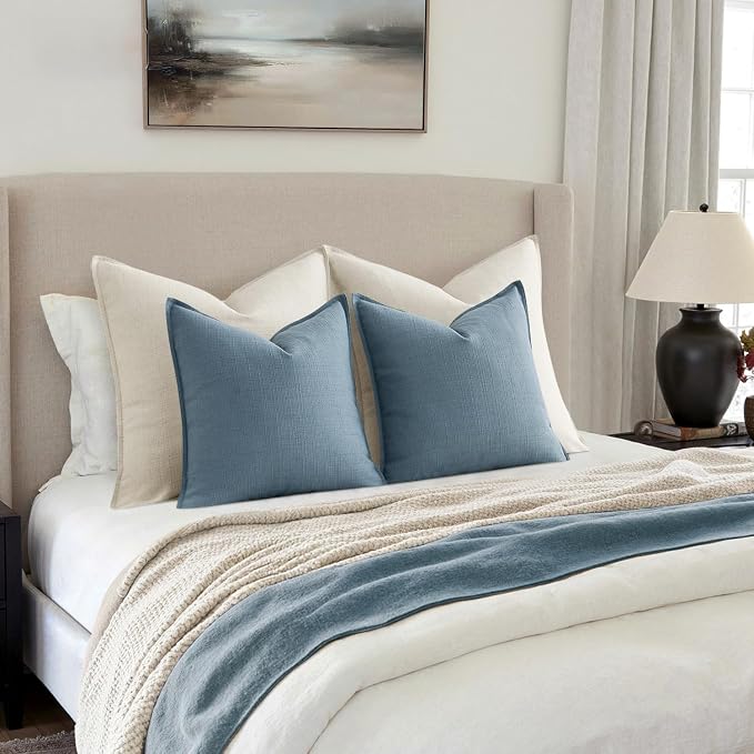 MIULEE Thick Textured Decorative Throw Pillow Covers 18x18 Inch Blue | Set of 2, Linen Blend Pillow Cover, Flange Edge Design, Farmhouse Modern Boho Style, Bed Couch Living Room Decor
