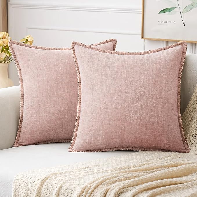 MIULEE Decorative Couch Throw Pillow Covers 18x18 Inch Pink 2 Pack | Farmhouse Pillow Covers with Stitched Edge, Soft Chenille Cushion Cases, for Sofa Bed Living Room Home Decor