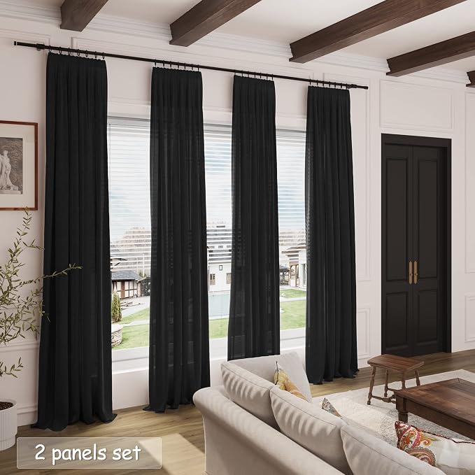 Black Linen Curtains 90 inches Long for Bedroom Back Tab Light Filtering Privacy Sheer Black Curtains Modern Farmhouse Coastal Decor Black Cotton Textured Gauze Curtain 2 Panel Set 38x90