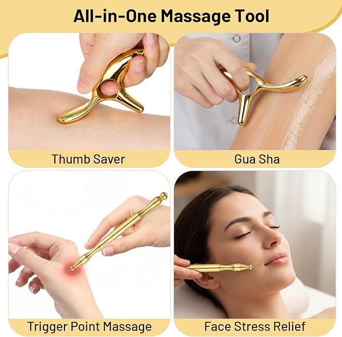 2 Pcs Trigger Massage Tool Acupuncture Pen Gua Sha Massage Scraping Tool Manual Reflexology Body Point Deep Tissue Muscle Scraper Massager for Head Neck Hand Waist Calf Foot (Gold,Medium)