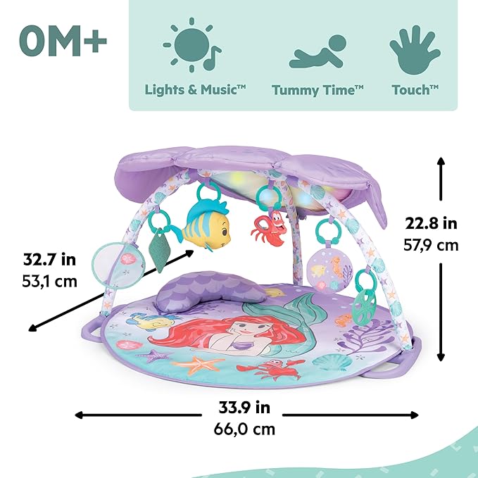 Bright Starts Disney Baby The Little Mermaid Twinkle Trove Light-Up Musical Baby Activity Gym with Tummy Time Pillow, Newborn+