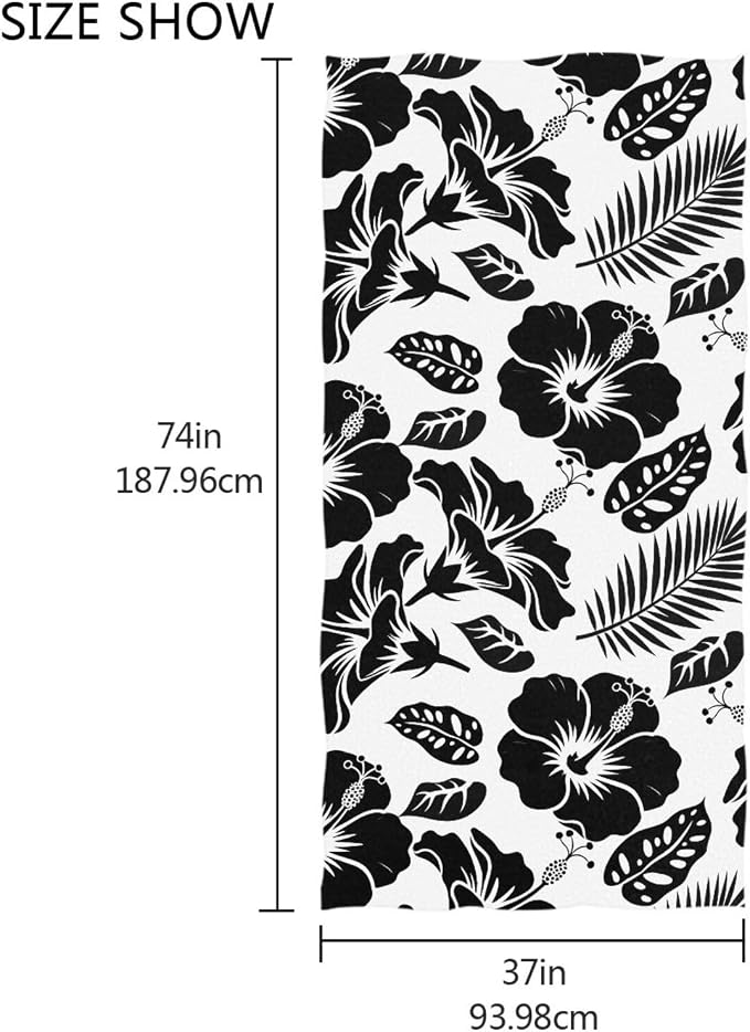Black Hibiscus Flower Beach Towel, Microfiber Absorbent Quick Dry Swimming Yoga Beach Towels for Women, Men, Kids