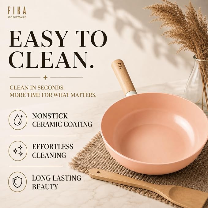 Neoflam FIKA 10-Inch Nonstick Stir Frying Wok with Glass Lid, Healthy Cooking Ceramic Coated Pan with Wood Handle, Induction Compatible for All Stovetops, Made in Korea (26cm)