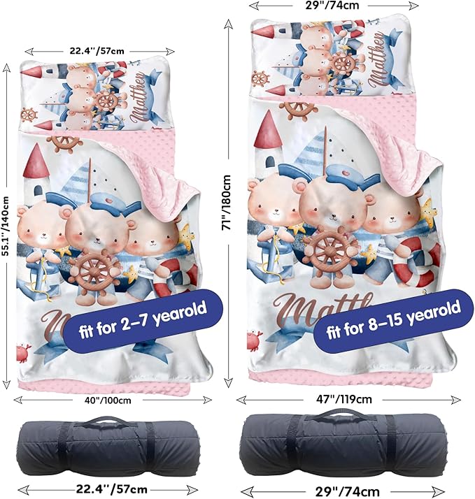 Personalized Toddler Nap Mat for Girls – Custom Name Kids Nap Mat – Daycare Sleeping Mats with Removable Pillow and Soft Minky Dot Blanket for Preschool, Travel, Kindergarten