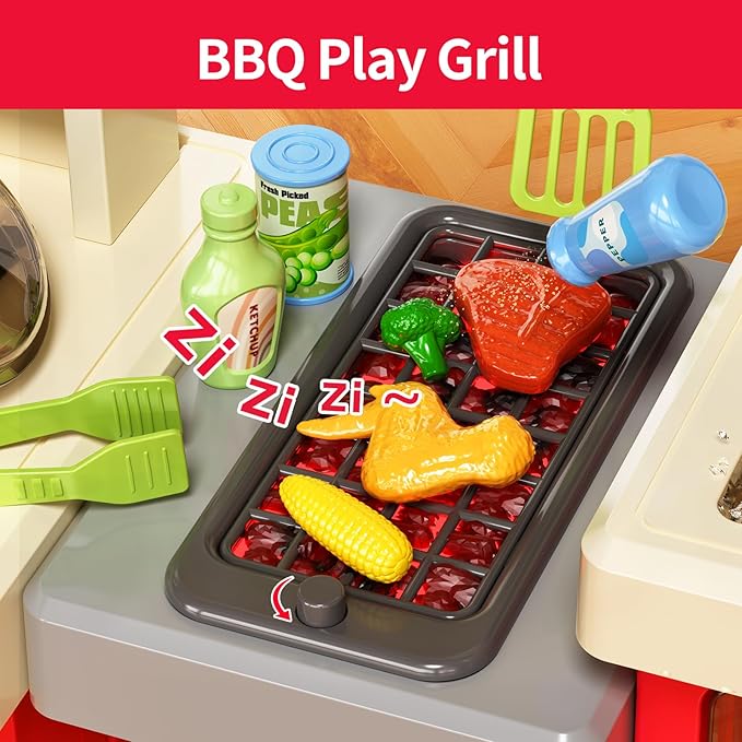 Kids Kitchen Playset, Play Kitchen with Stove, Grill, Sink, Play Food, ToyKitchen Accessories, Cooking Kitchen with Lights Sound Steam, Pretend Play Toys for Kids Toddler Birthday Gifts