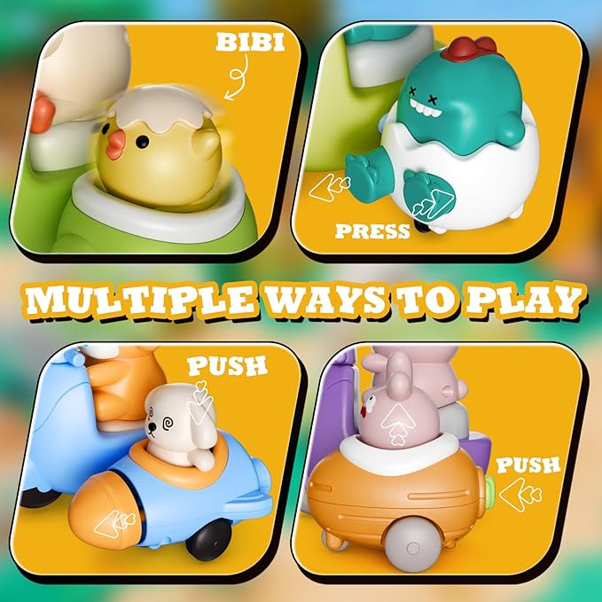 Press and Go 4-Pack Animal Car Toys for Toddlers 1-3, Dinosaur Toy Push Cars for 1 Year Old Boys Girls - Baby Toys 12-18 Months, Safe Push & Go Vehicles for 1st Birthday Gifts & Christmas.