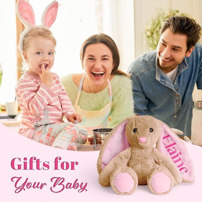 Custom Plush Bunny Toys with Child's Name, Embroidered Bunny Supe-Soft Stuffed Animals for Baby Toddlers, Personalized Birthday Christmas for Baby Girls Boys (White)