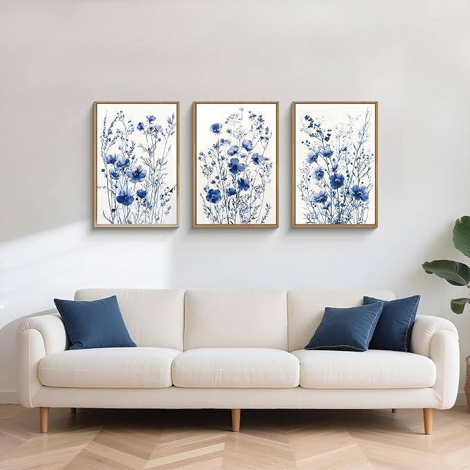 FWIEXA Blue White Wildflower Canvas Wall Art Set of 3, Framed Navy Chinoiserie Watercolor Botanical Pictures Wall Decor, Minimalist Floral Paintings Artwork, 16x24In Florals Prints for Living Room, Bedroom, Bathroom