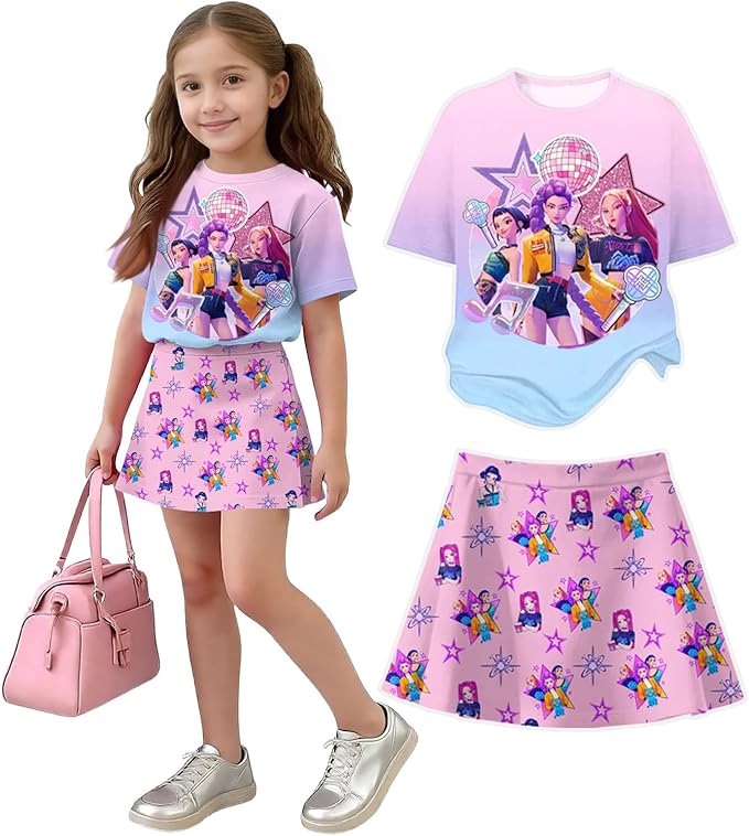 HTHLVMD K Pop Short Sleeve T-Shirt and Skirts Outfits Set for Girls Hunters Rumi Mira Zoey Graphic Tees De-Mon Costume