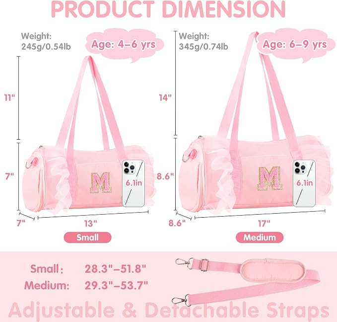 Personalized Initial Dance Bag for Girls 4-6, Small Lace Gym Sport Yoga Cheer Dance Bags Gift for Teen Girls, Cute Letter Kids Ballet Bag Toddler Travel Duffel Tote with Adjustable Straps(Pink-M)