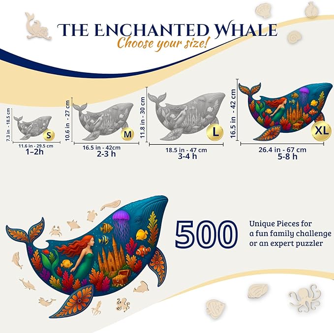 Goldbird Eco-Friendly Wooden Puzzles for Adults - 500 Piece Puzzles for Adults - Premium Gift Box - Whale Jigsaw Puzzles - Whimsical Pieces - 26.4 × 16.5 in