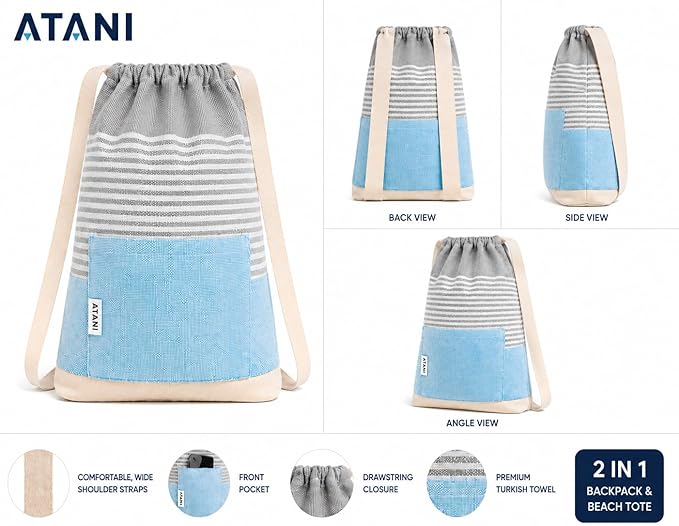 ATANI Turkish Beach Towel (71x39 Inches), Converts to a Bag, Oversized 100% Cotton Bath Towels Lightweight Quick-Dry Beach Blanket for Travel, Picnic, Camping, Yoga and Pool(Grey x Turquise)